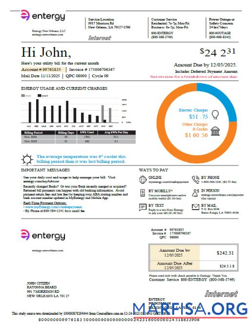 Downloadable USA Entergy utility bill template in Word and PDF formats, version 2